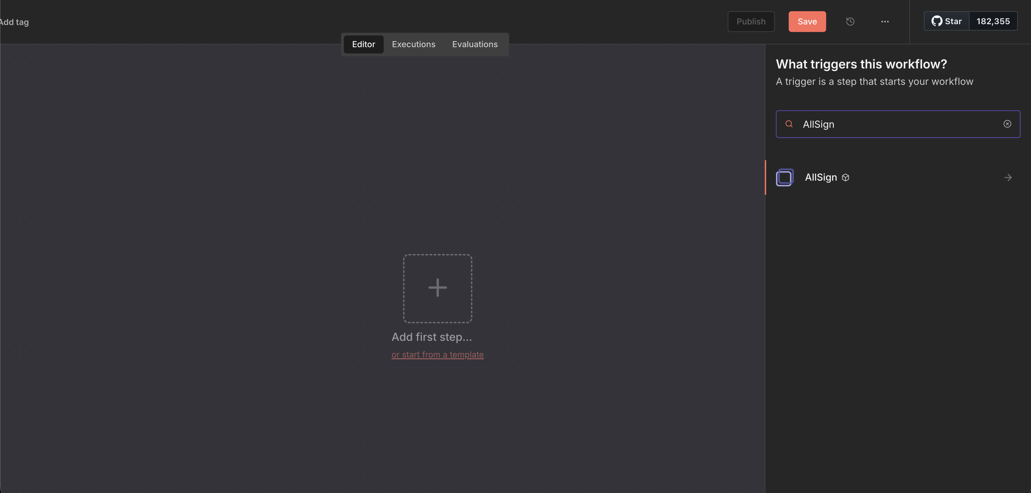 Buscando el nodo AllSign en el editor de n8n