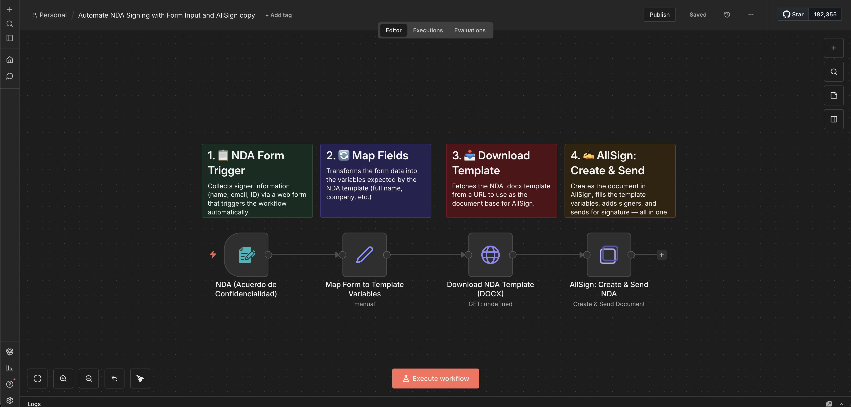 Vista general del workflow de NDA automático en n8n con 4 nodos