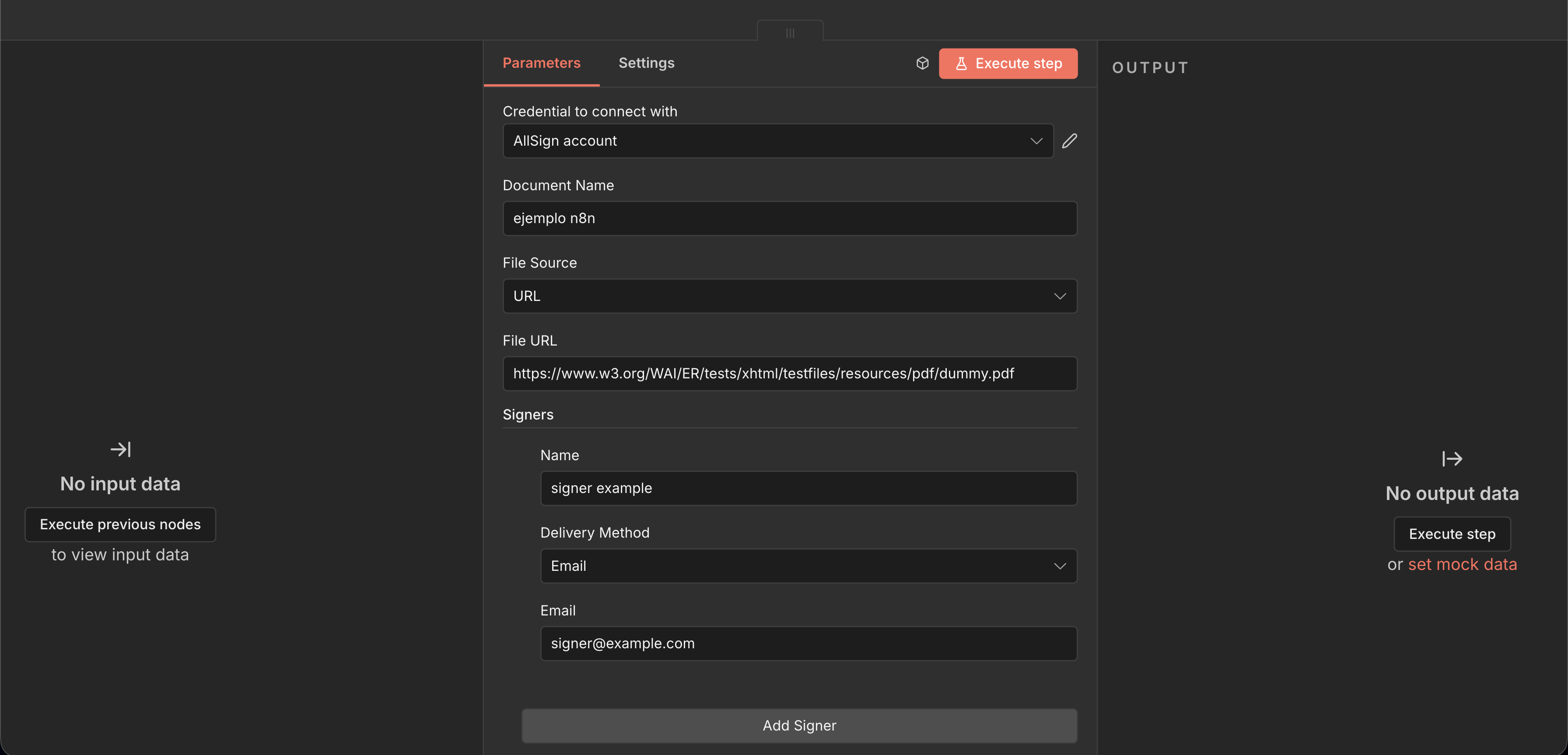 Panel de configuración del nodo AllSign Create & Send en n8n