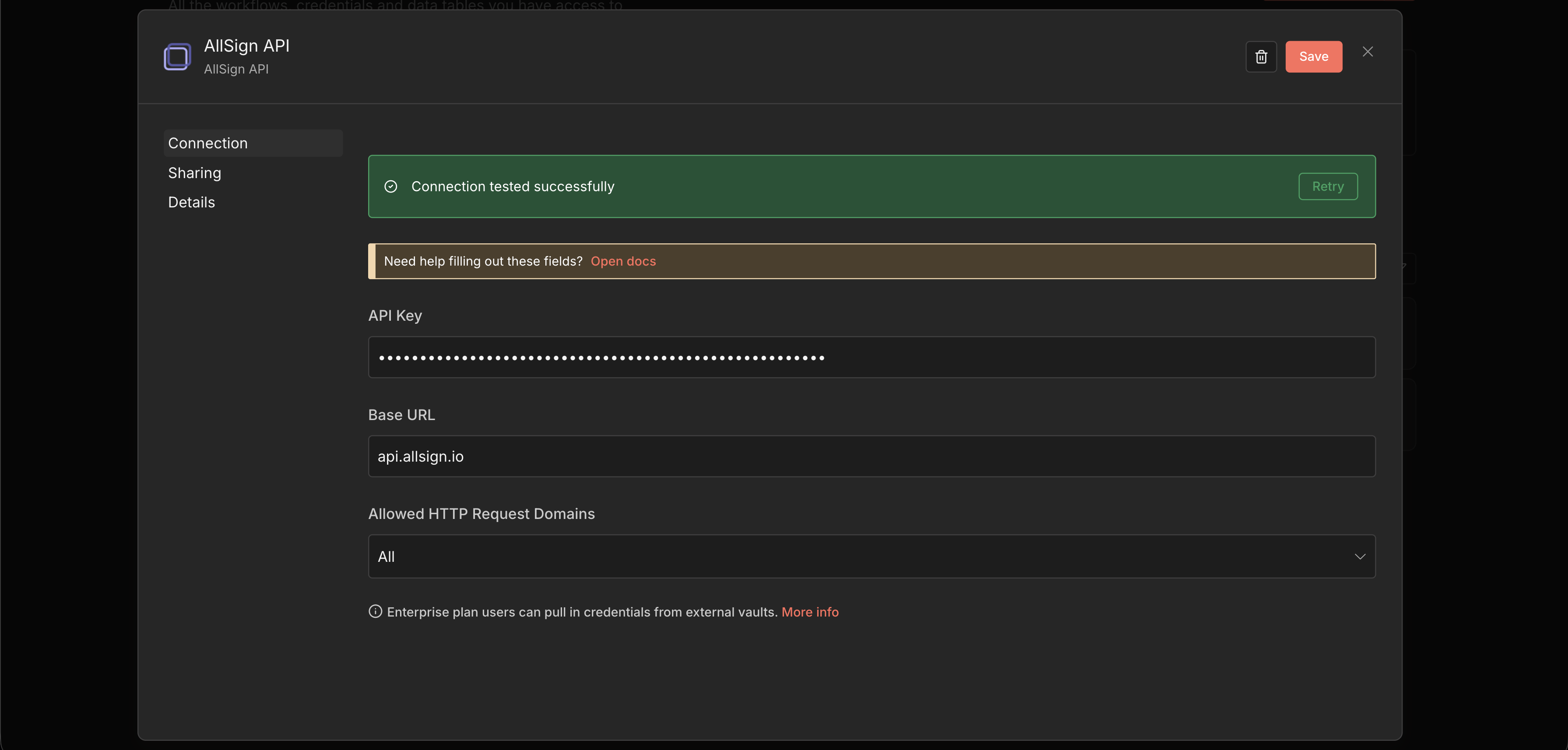 Configuración de credenciales AllSign API en n8n con conexión exitosa
